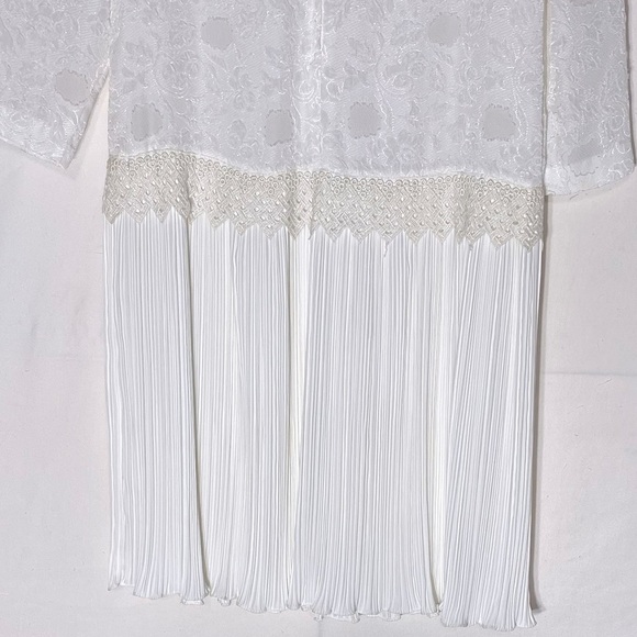 Vintage White Long Sleeve Pleated Midi Shift Bride Mother Of The Bride Dress M - Picture 14 of 16